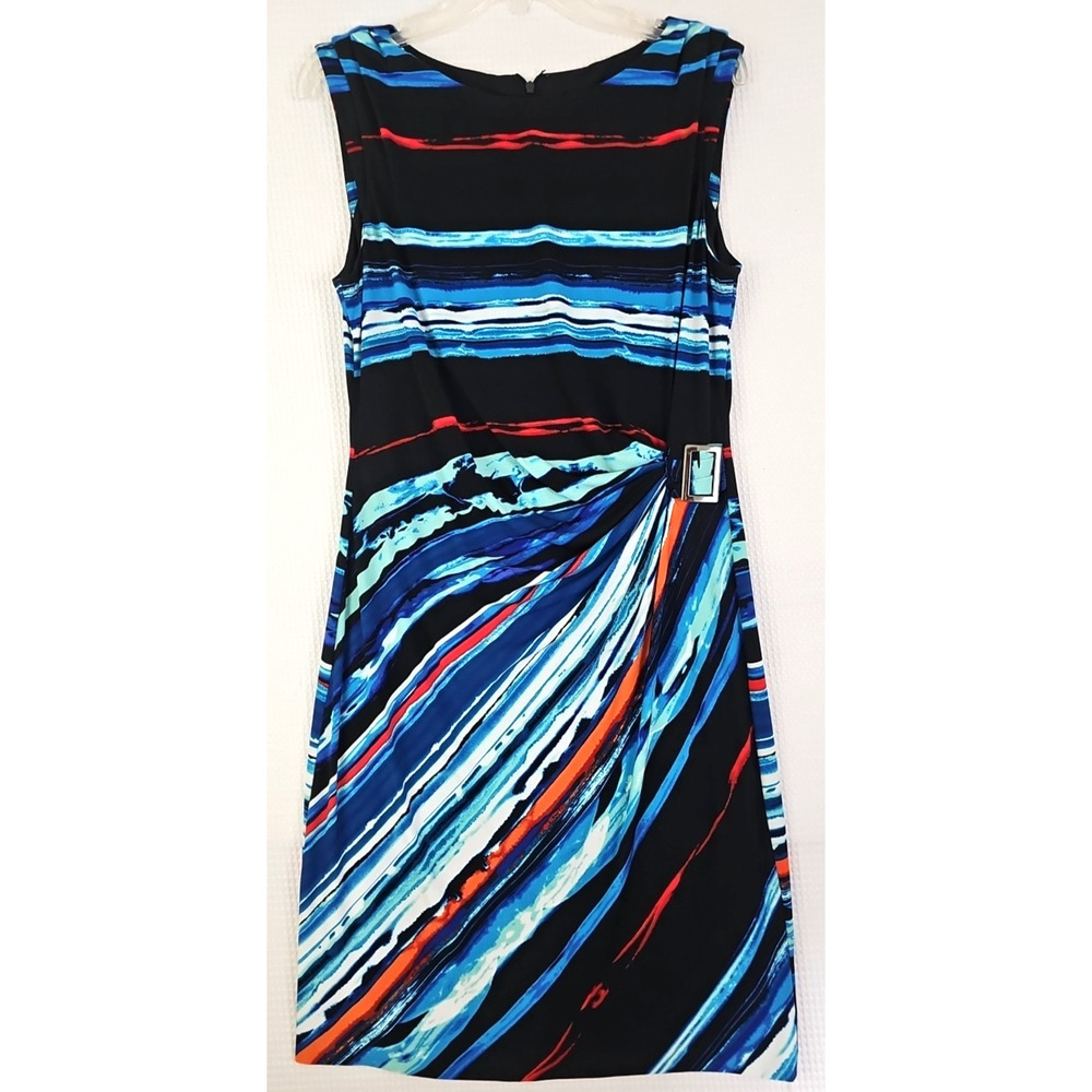 Tahari by ASL ~Woman Size 10~ Black/Red/Blue Stripe Lined Sheat Dress Sleeveless
